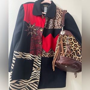 Allure colorblock leopard, zebra patchwork, zig zag design wool blazer
